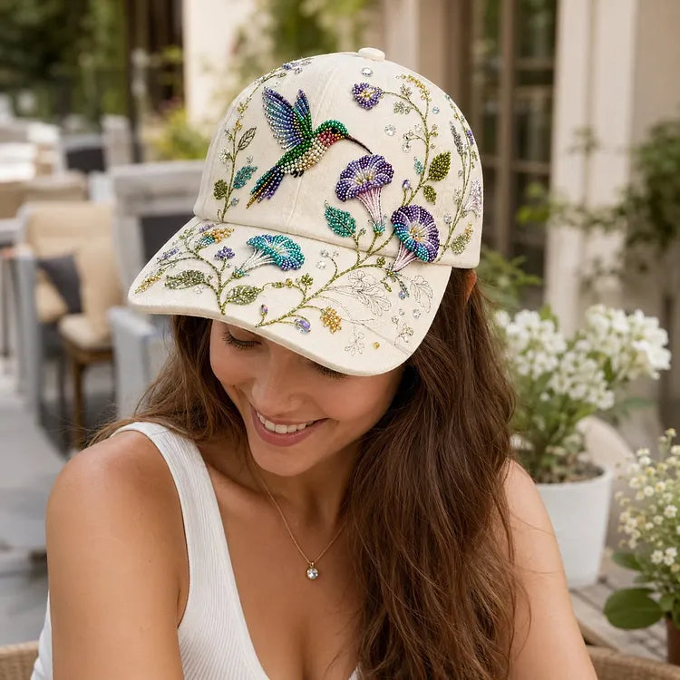 🐦🌸 Premium Hummingbird Garden Beaded Hat DIY Kit | DIY Handmade Floral Cap Decor 🌿✨