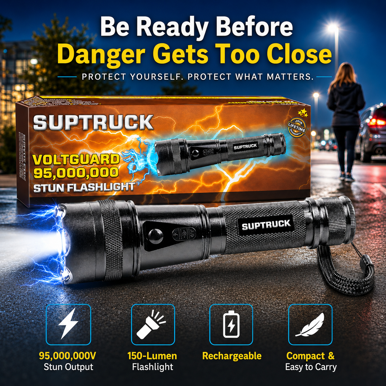 💥 75% OFF ️🔦 SUPTRUCK™ VoltGuard X95 Tactical Stun Flashlight ⚡ Light in Dark, Power in Danger