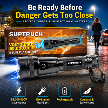 💥 75% OFF ️🔦 SUPTRUCK™ VoltGuard X95 Tactical Stun Flashlight ⚡ Light in Dark, Power in Danger
