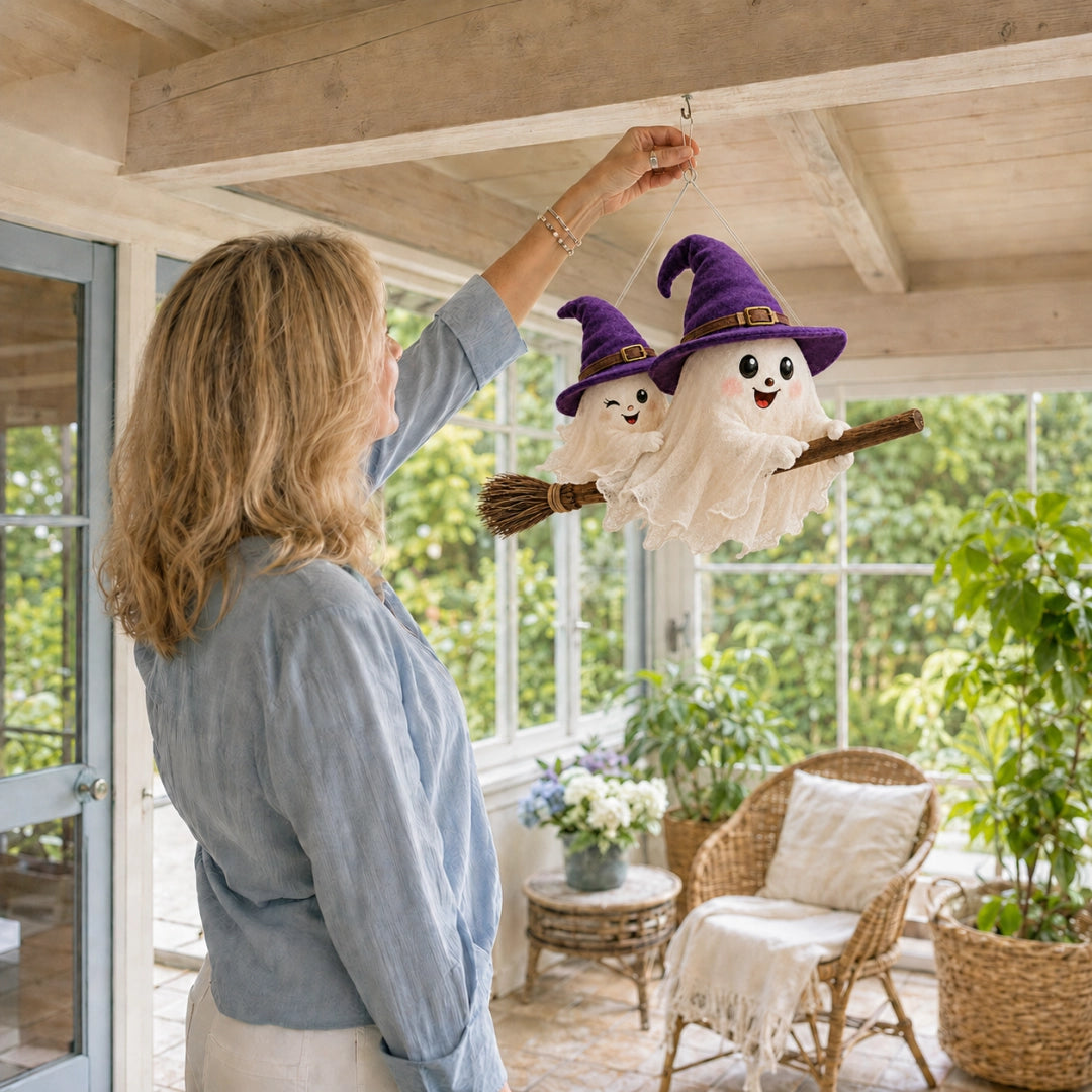 🔥 LAST DAY 49% OFF 🎃 Moonlight Mischief Lighted Ghost Broom Hanger