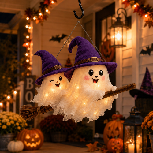 🔥 LAST DAY 49% OFF 🎃 Moonlight Mischief Lighted Ghost Broom Hanger