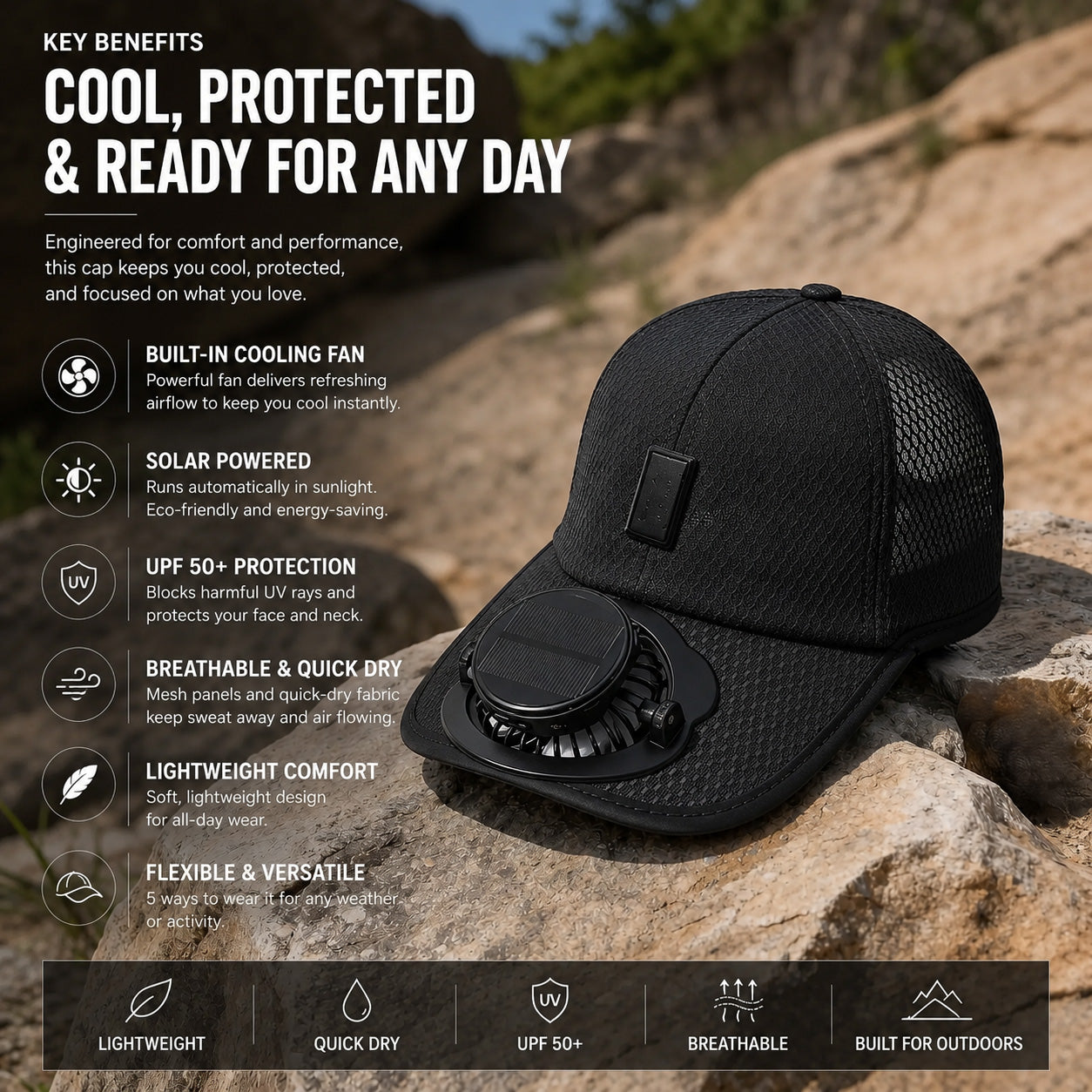 💥 2026 Father's Day 50% OFF ✨ Cooling Hat with Solar Powered Fan UPF 50+ UV Protection