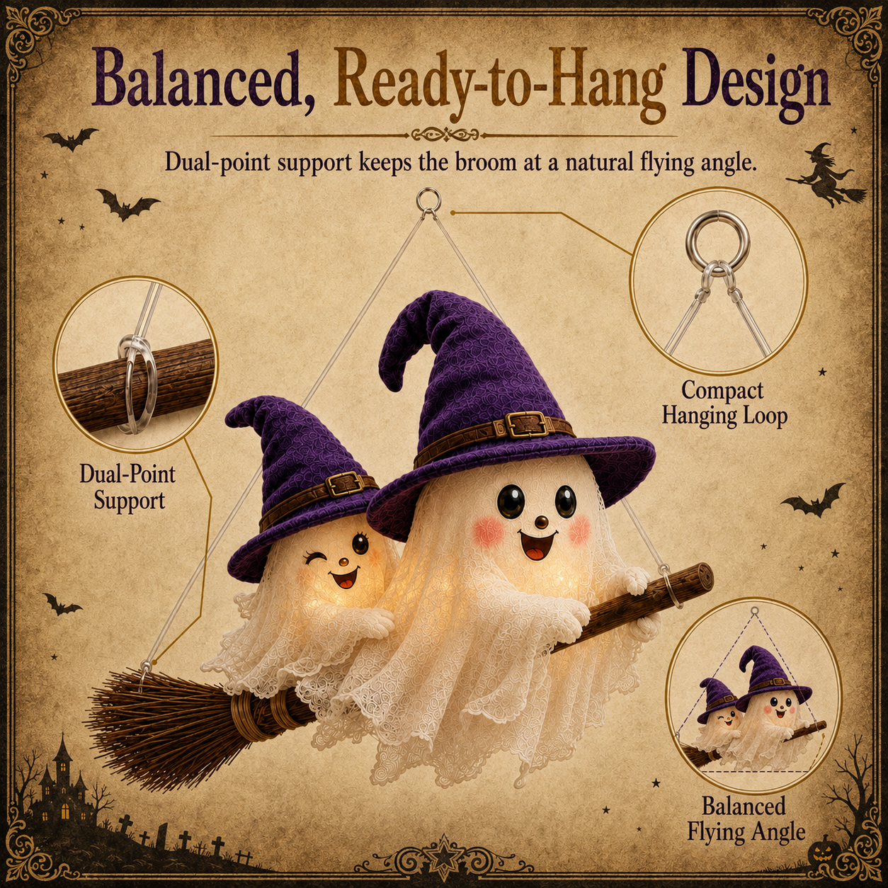 🔥 LAST DAY 49% OFF 🎃 Moonlight Mischief Lighted Ghost Broom Hanger