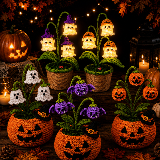 🎃 Halloween SALE 70% OFF 👻 Handmade Crochet Spooky Pumpkin Pot & Ghost Lamp
