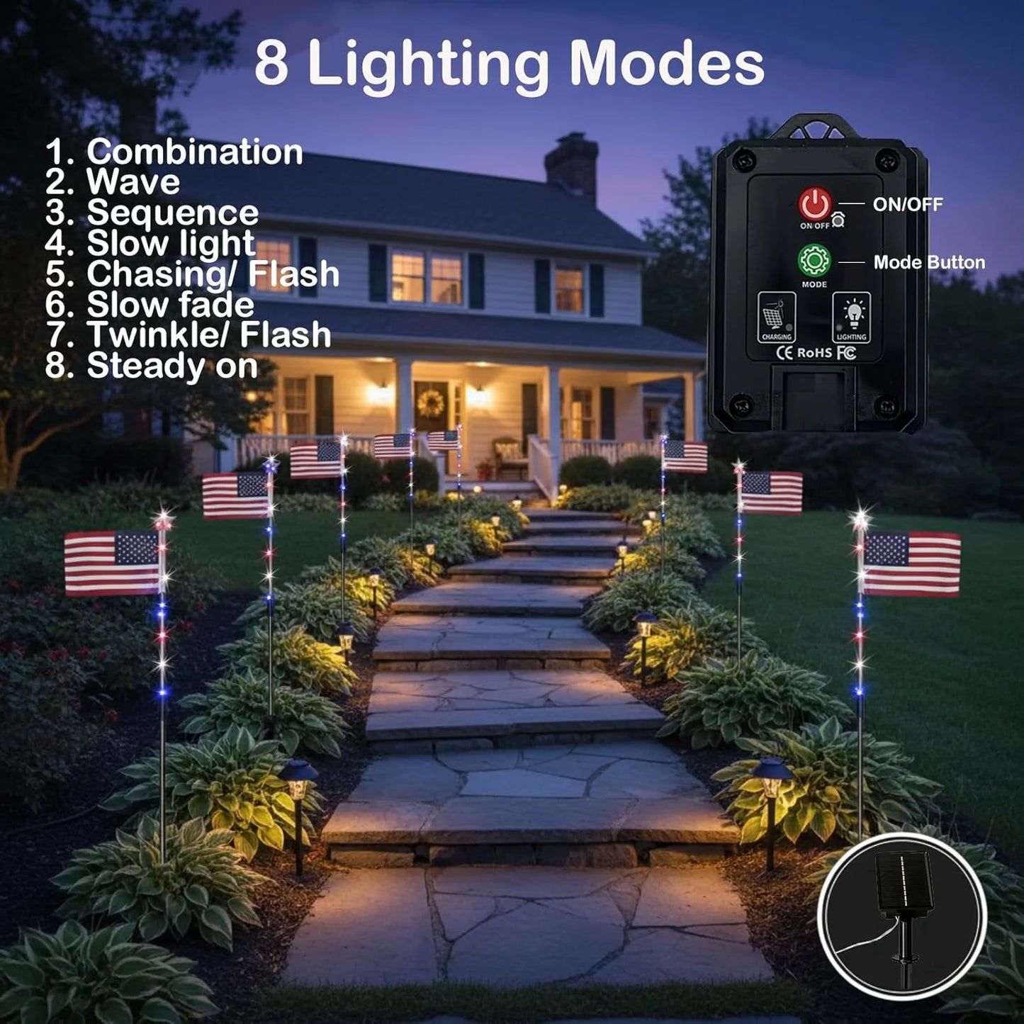 8PCs Solar American Flag Pathway Lights – Red, White & Blue Yard Glow for 250th Independence Celebration US✨