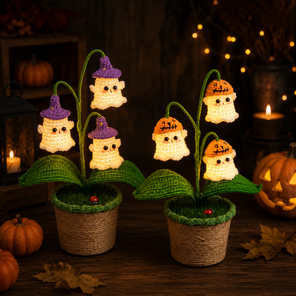 🎃 Halloween SALE 70% OFF 👻 Handmade Crochet Spooky Pumpkin Pot & Ghost Lamp