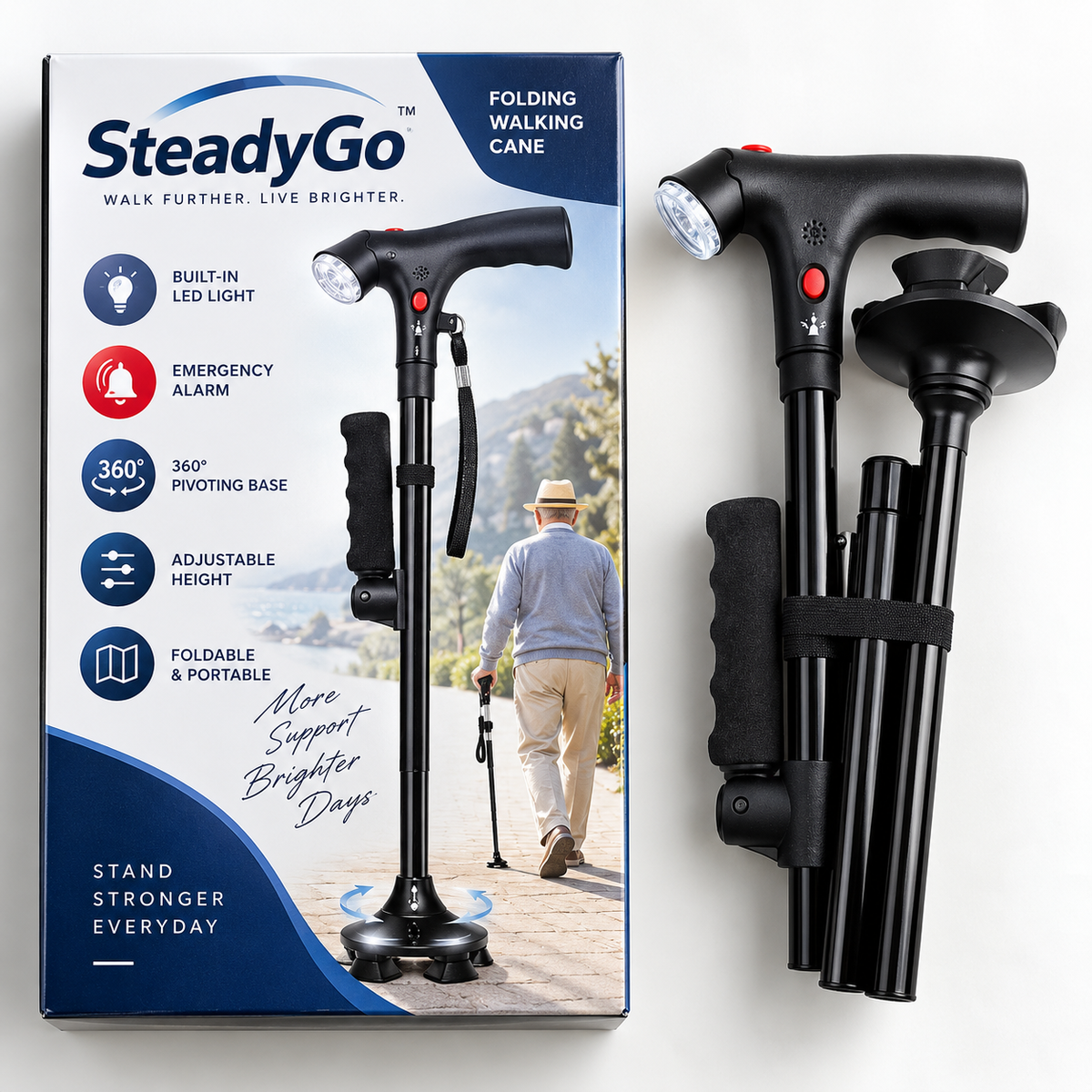 🦯LIMITED-TIME 50% OFF! 💡 SteadyGo™ Multifunction Folding Walking Cane – Built-In Light, Emergency Alarm, Quad Base & 5-Level Height Adjustment✨