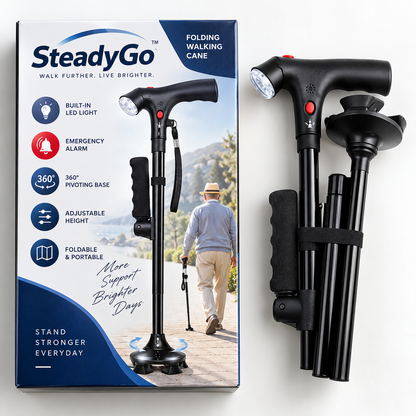 🦯LIMITED-TIME 50% OFF! 💡 SteadyGo™ Multifunction Folding Walking Cane – Built-In Light, Emergency Alarm, Quad Base & 5-Level Height Adjustment✨