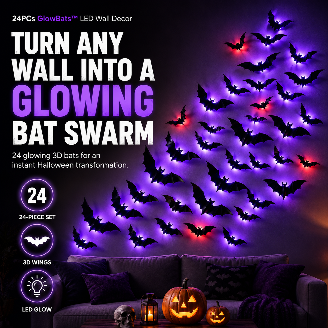 🎃 Halloween Sale 70% OFF 🦇 24PCs GlowBats™ 3D Halloween LED Wall Decor