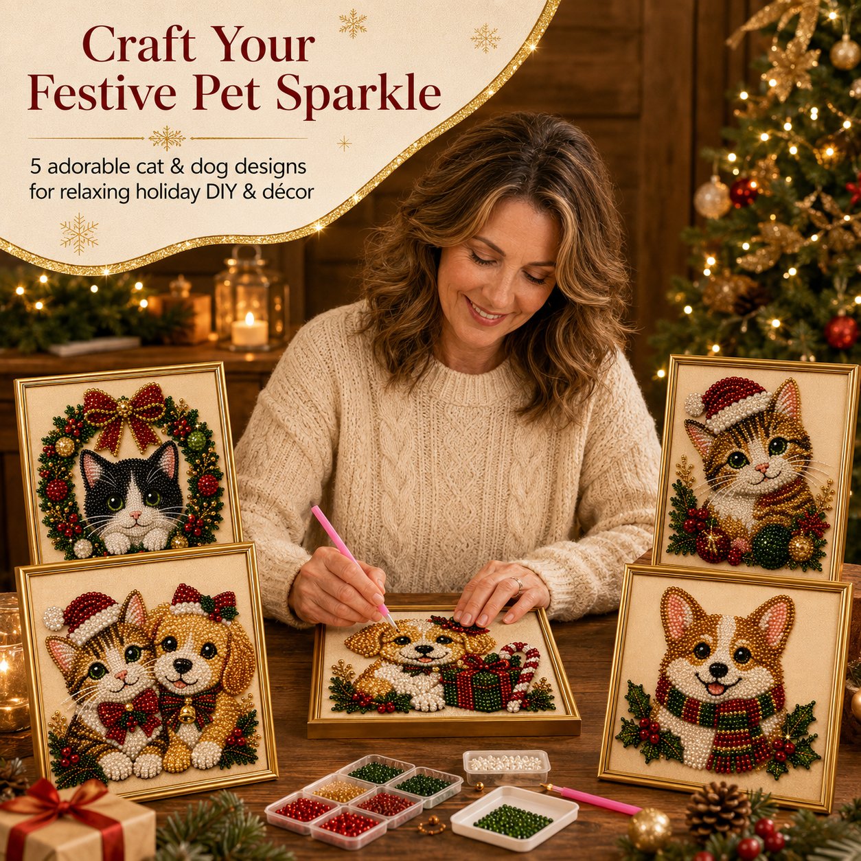 ❄️ CHRISTMAS SALE 49% OFF 🎄 5 Christmas Festive Pet 3D Pearl Diamond DIY Art Kit With Frame