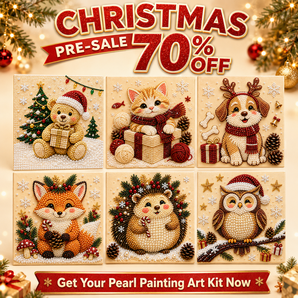 🔥 XMAS PRE-SALE SPECIAL 70% OFF 🔥 Christmas Pearl Pals DIY Art Kit – 6 Adorable Festive Animal Designs, 3D Pearl Beaded Craft