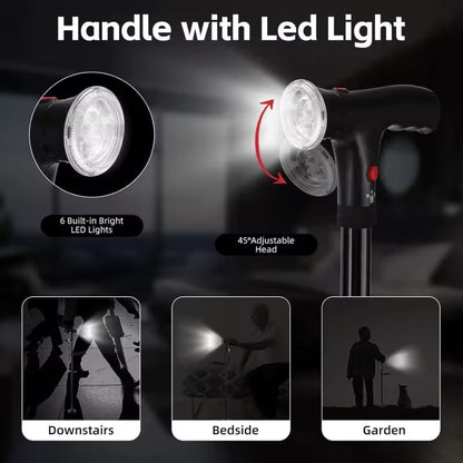 🦯LIMITED-TIME 50% OFF! 💡 Multifunction Folding Walking Cane – Built-In Light, Emergency Alarm, Quad Base & 5-Level Height Adjustment✨